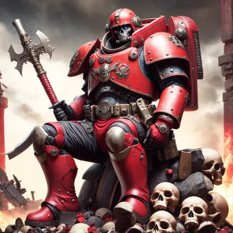 photo, a space marine in (red armor:1) with a giant Axe, sitting on top of a pile of skulls (SpaceMarine style:1) <lora:djzSpaceMarineV21:1>
