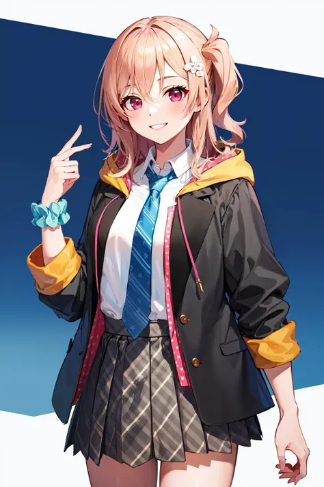 masterpiece, best quality, highres, 1girl, ray1, solo, hood_jacket, blue necktie, wrist scrunchie, black jacket, school uniform, long sleeves, plaid skirt, polka_dot jacket, <lora:akira_ray_v10:0.6>, smile, cowboy shot, standing,