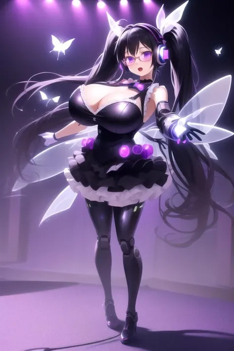 ((cinematic light)), (colorful:1.2), hyper detail, dramatic light, intricate details, (best quality:1.2), highly detailed,Anime, Moe, illustration, (wallpaper, masterpiece, best quality, ultra-detailed, best shadow), (detailed background:1.4), (beautiful detailed face, beautiful detailed eyes), high contrast, (best illumination, an extremely delicate and beautiful), full body,
stage, live, singing, (open mouth:0.8), (outstretched arm,outstretched hand),<lora:Syuu_Illusion:0.8>IlluIdol,
purple eyes,black hair,very long hair,twintails,glowing eyes,bright eyes,light blush,shiny skin, huge breasts, robot girl, cyber fairy,butterflies wings,headphones,glasses,idol,sleeveless,frills,expressionless,constricted,simple colors,led light line,stage,