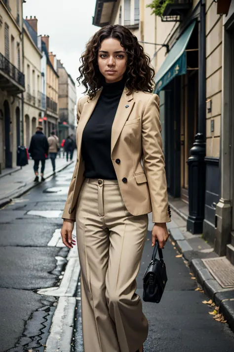 ((ultra detailed, masterpiece, absurdres))
 <lora:UncNadine:0.9>
UncNadine, 1girl, solo, very dark skin, wavy hair, brown hair, brown eyes, Romantic Parisian Street with Cobblestone Path , Cropped tailored blazer over a fitted turtleneck and wide-leg pants