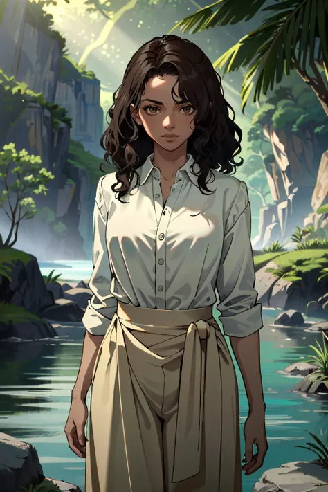 ((ultra detailed, masterpiece, absurdres))
 <lora:UncNadine:0.9>
UncNadine, 1girl, solo, very dark skin, wavy hair, brown hair, brown eyes, Hidden lagoon in a dense tropical forest, dynamic sunlight , Draped satin blouse with wide-leg palazzo pants