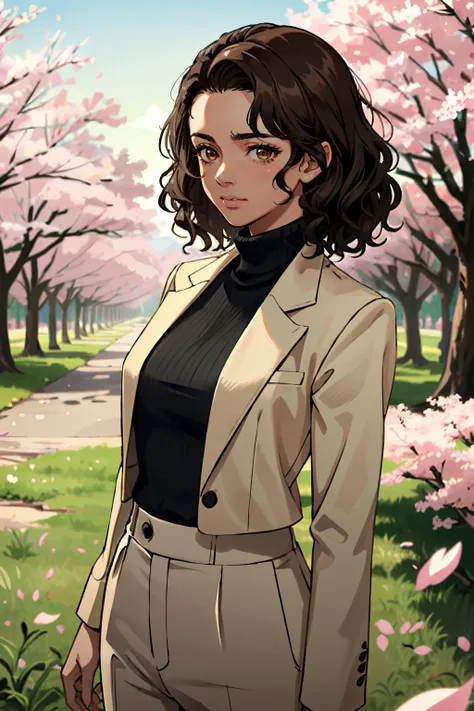 ((ultra detailed, masterpiece, absurdres))
<lora:UncNadine:0.9>
UncNadine, 1girl, solo, very dark skin, wavy hair, brown hair, brown eyes, Golden Hour in a Cherry Blossom Orchard , Cropped tailored blazer over a fitted turtleneck and wide-leg pants