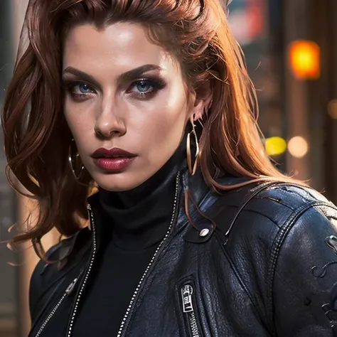 (masterpiece:1.2), (best quality,:1.2), 8k, HDR, ultra detailed, ((photorealistic)), professional light, cinematic lighting, fashion photography, ambient lighting, face lighting, April, <lora:April-10:1>, dynamic pose, earrings, choker, dark makeup, ((portrait shot)), OverallDetail, fhanddetail, ffacedetail, as cyberpunk street samurai, long black leather coat, turtleneck pullover, <lora:detail_slider_v4:2>, looking at viewer