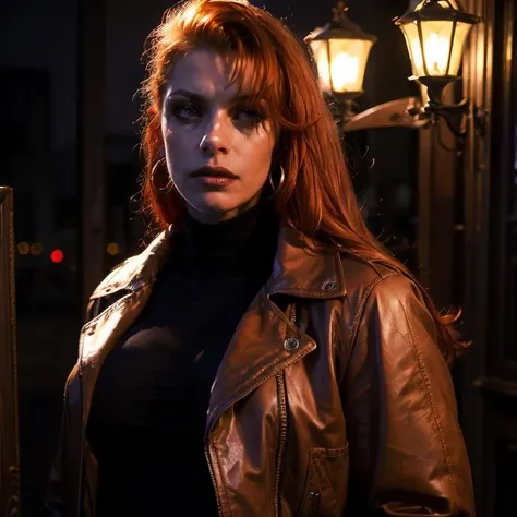 (masterpiece:1.2), (best quality,:1.2), 8k, ultra detailed, ((photorealistic)), fantasy, professional light, cinematic lighting, ambient lighting, face light, April, <lora:April-10:1>, choker, earrings, dark lipstick, dark makeup, long and messy red hair, (portrait shot), long leather coat, red turtleneck pullover