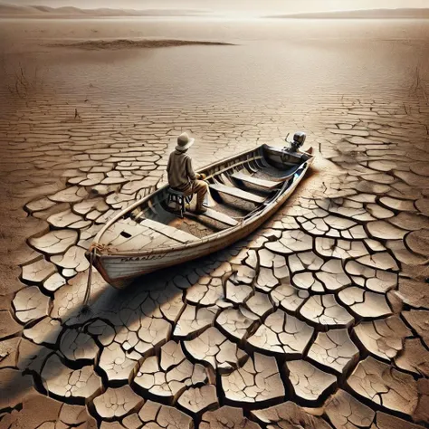 arafed boat on dry land with man sitting in it