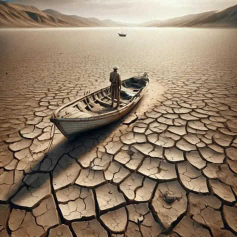 arafed boat on dry land with a man in a boat