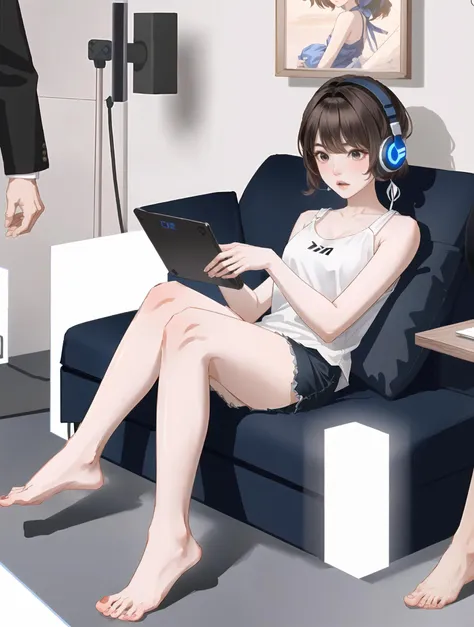 (masterpiece:1.2), (UHD:1.2), (best quality:1.2), (solo focus:1.3) 1girl <lora:hanazawakanaJPVA_v15:1>, small breasts, , playing video games, angry, headset, tanktop , short shorts, bare feet,
