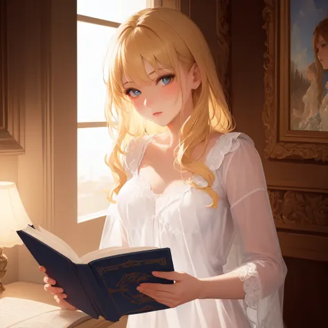 masterpiece, best quality, (extremely detailed CG unity 8k wallpaper, masterpiece, best quality, ultra-detailed, best shadow), (detailed background), (beautiful detailed face, beautiful detailed eyes), High contrast, (best illumination, an extremely delicate and beautiful),(girl:1.5),((blonde hair woman nightgown painting volegov carl larsson)), ((caustic, sexy, charming, seductive)), hand hold the book, read book, dynamic angle,beautiful detailed glow,full body, cowboy shot