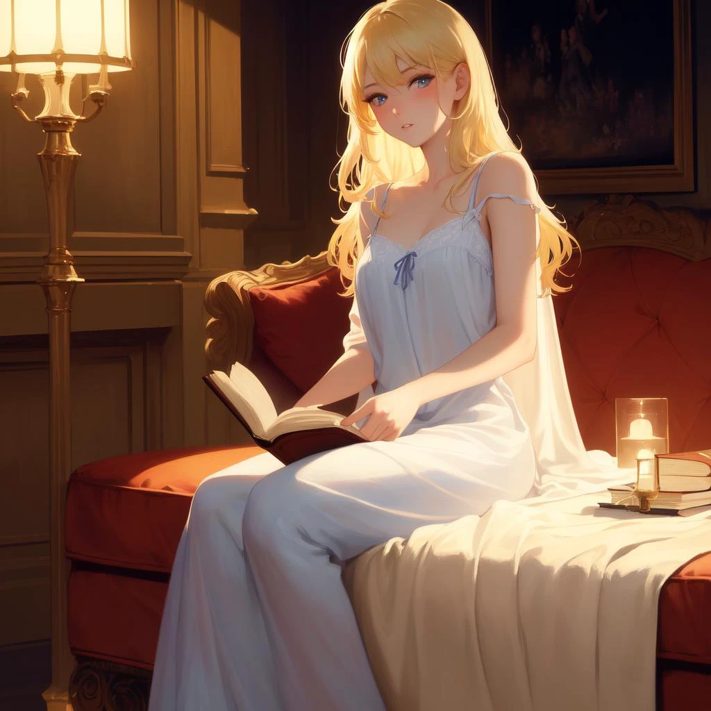 masterpiece, best quality, (extremely detailed CG unity 8k wallpaper, masterpiece, best quality, ultra-detailed, best shadow), (detailed background), (beautiful detailed face, beautiful detailed eyes), High contrast, (best illumination, an extremely delicate and beautiful),(girl:1.5),((blonde hair woman nightgown painting volegov carl larsson)), ((caustic, sexy, charming, seductive)), hand hold the book, read book, dynamic angle,beautiful detailed glow,full body, cowboy shot
