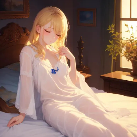 masterpiece, best quality, (extremely detailed CG unity 8k wallpaper, masterpiece, best quality, ultra-detailed, best shadow), (detailed background), (beautiful detailed face, beautiful detailed eyes), ((closed eyes)), High contrast, (best illumination, an extremely delicate and beautiful),(girl:1.5),((blonde hair woman htgown painting volegov carl larsson)), ((caustic, sexcharming, seductive)),laying, ((sleep on bed)), dynamic angle,beautiful detailed glow,full body, cowboy shot