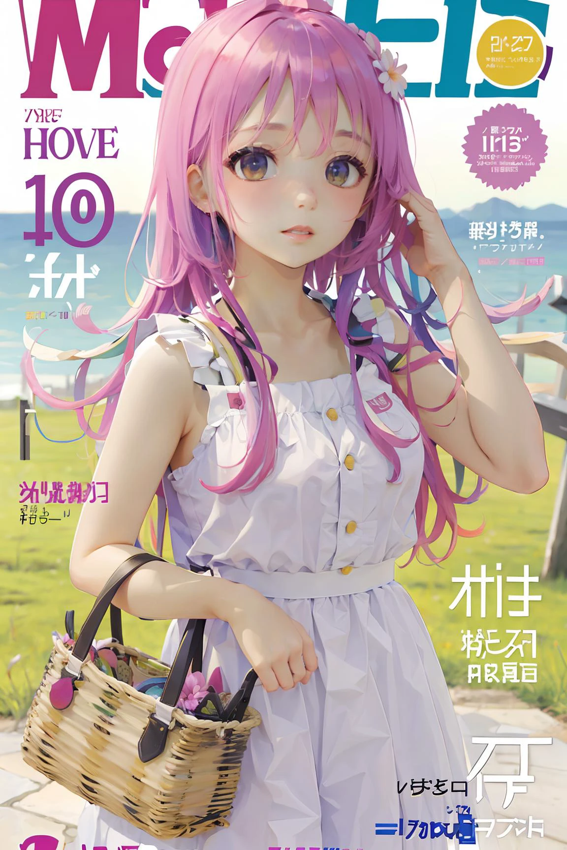 masterpiece, best quality, spring outfit, colorful hair, outdoor, magazine cover ,upper body,<lora:animeMagazineCover_animeMagazineCover:1>