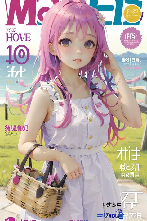 masterpiece, best quality, spring outfit, colorful hair,  outdoor, magazine cover ,upper body,<lora:animeMagazineCover_animeMagazineCover:1>