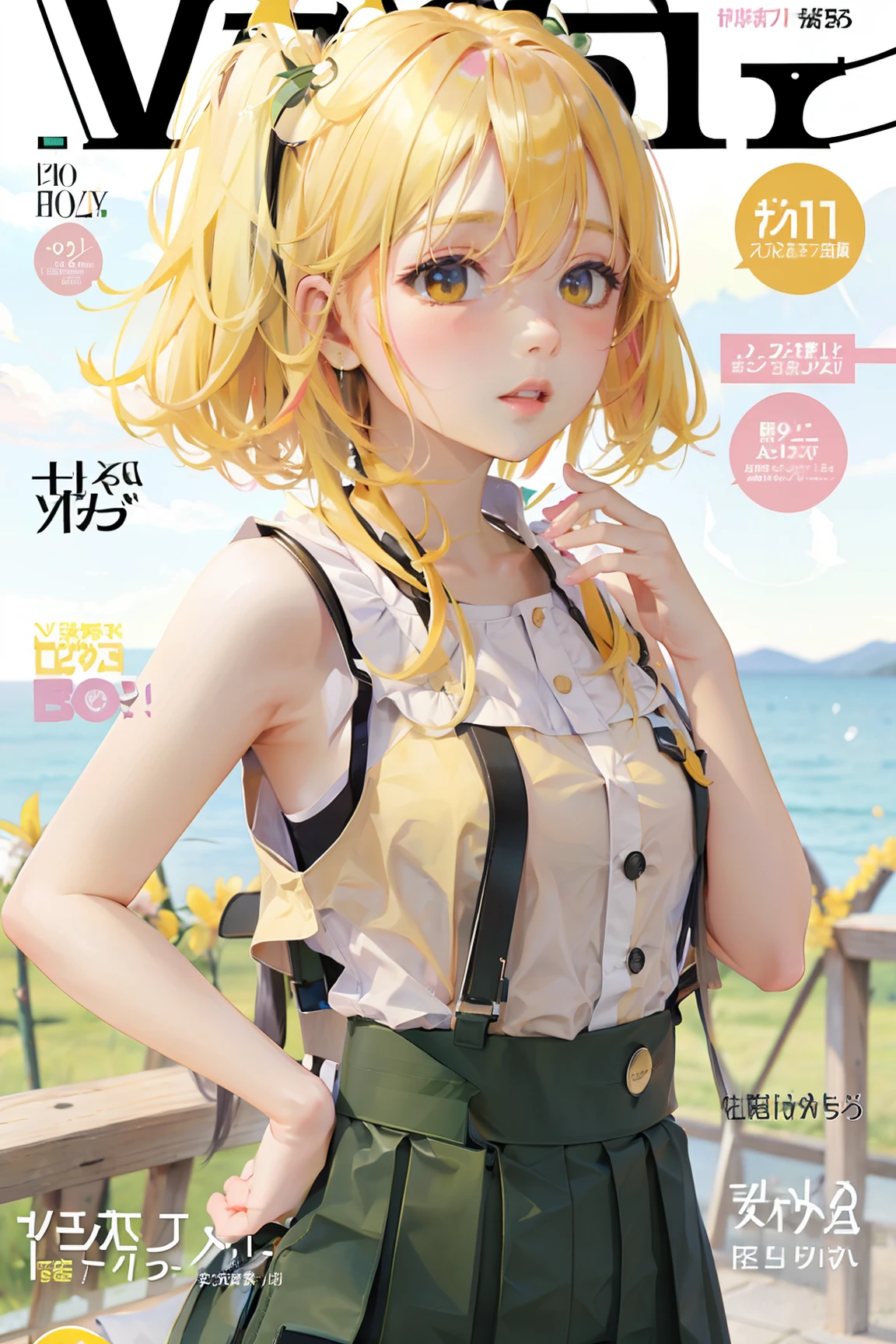 masterpiece, best quality, spring outfit, colorful hair, outdoor, magazine cover ,upper body,<lora:animeMagazineCover_animeMagazineCover:1>