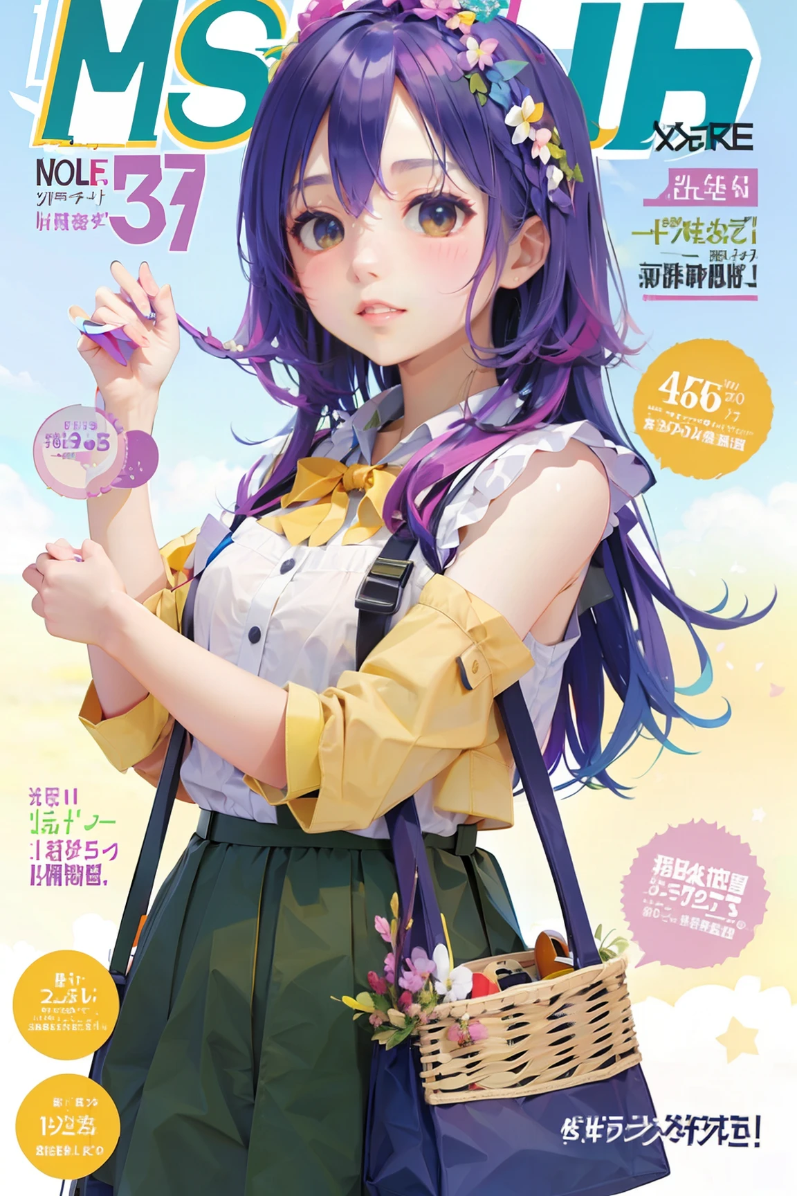 masterpiece, best quality, spring outfit, colorful hair, outdoor, magazine cover ,upper body,<lora:animeMagazineCover_animeMagazineCover:1>