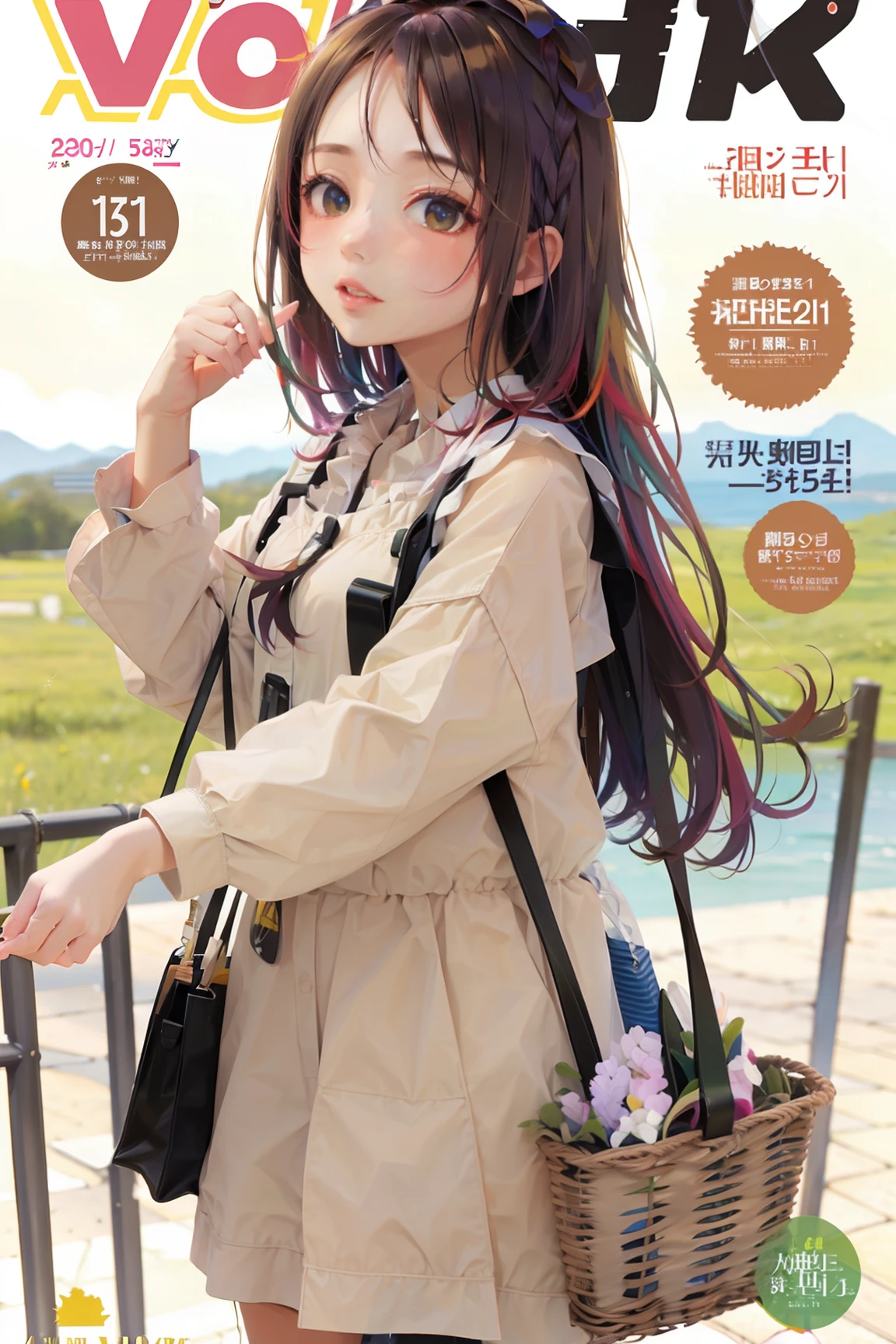 masterpiece, best quality, spring outfit, colorful hair, outdoor, magazine cover ,upper body,<lora:animeMagazineCover_animeMagazineCover:1>