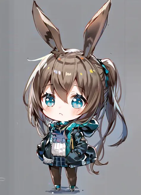 1girl, solo, (full body:1.5), (chibi:1.2), animal ears, rabbit ears,  ponytail, black jacket, hooded jacket,  blue ascot,  miniskirt,  black legwear,  pantyhose,  (default outfit),  <lora:Arknights_Amiya-lionV1:1>, depth of field,  simple background,