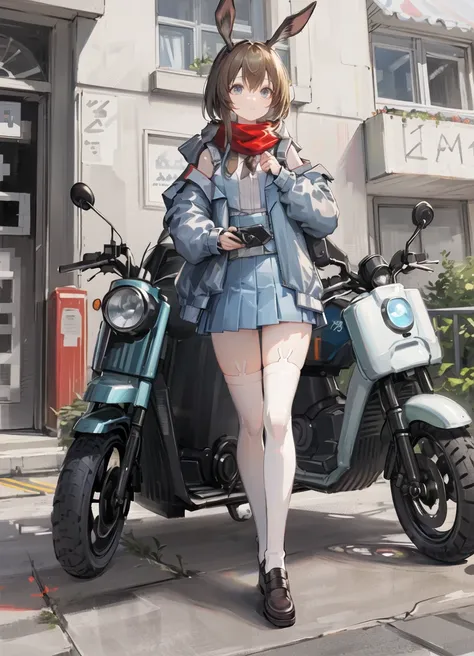 1girl, solo, animal ears, bangs, blue eyes, (Fresh Fastener:1.25), brown footwear, brown hair, clothes writing, full body, ground vehicle, helmet removed, jacket, long sleeves, looking at viewer, motor vehicle, motorcycle, motorcycle helmet, open clothes, rabbit ears, red scarf, scarf, shoes, solo, standing, thighhighs, thighs, (white legwear:1.4),  
standing, street, cafe, bush, 
<lora:Arknights_Amiya-lionV1:0.85>,