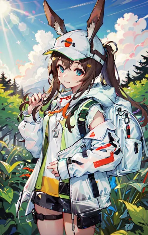 1girl, solo, straight-on, cowboy shot, (Planter:1.3), animal ears, rabbit ears, small breasts, standing, brown hair, ponytail, white cap, baseball cap, blue eyes, white coat, backpack, bare legs, thigh strap,
, light smile, see-through, (looking_at_viewer), Sunlight through the leaves, shadow, beautiful sky, cumulonimbus, ((absurdres)), flowers meadows, forest,
<lora:Arknights_Amiya-lionV1:0.7>