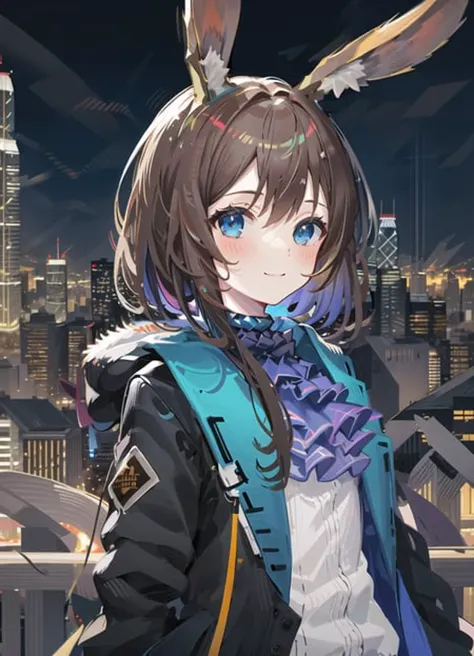 1girl, (animal ears), straight-on, upper body, brown hair, (rabbit ears:0.8), multicolored hair, detailed eyes, blue eyes, open coat, blue coat, bangs, looking at viewer, blush, standing, (blue ascot), coat, light smile, (default outfit),  solo, building, city, cityscape, night, outdoors,  skyscraper, street, hongkong \(city\), tree
  <lora:Arknights_Amiya-lionV1:0.8>