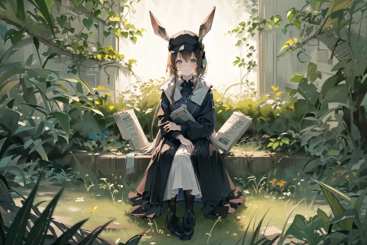 {bestquality},{{masterpiece}}, (Newsgirl:1.21), (1girl:1.1), animal ears, rabbit ears, (shy:1.2), (nervous smile:1.1), (solo:1.2),pov, baseball cap,full body, (sitting on arm:1.2), (solo focus:1.2),looking at viewer,(blush:1.2),depth of field, (thick thighs:0.9),outdoors,(chiaroscuro:1.2),(ruins:1.1), (lawn:1.1),(nightfall:1.1),(grass:1.2),black socks, long dress, (sunlight:1.1), broken wall, pillar, (vines:1.1), (clear sky:1.2), (high contrast:0.9),(pale color:0.9), <lora:Arknights_Amiya-lionV1:0.8>