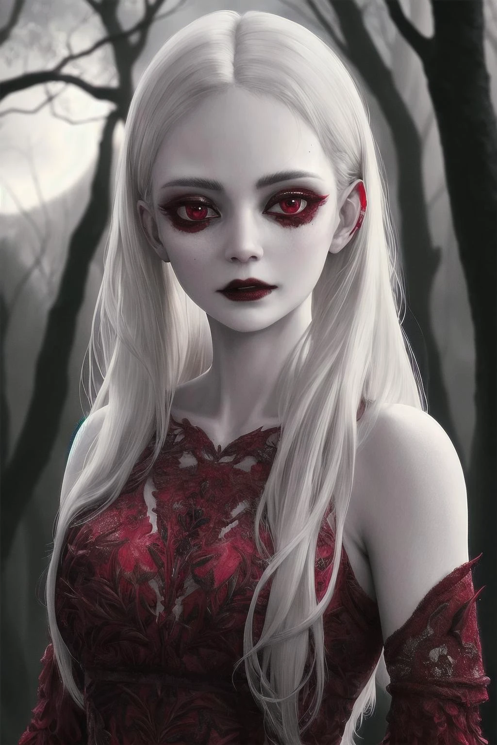 a pale lithe vampire walking in the woods. moonlight. ballgown. blood red. <lora:realistic_quality-realistic_quality_leco_-_v1.0:0.7>. detailed skin, skin pores. overalldetail-detail_++_-_overall_detail, intricate details, highly detailed, intricate eyes, detailed skin, intricate hair, realistic, skin pores