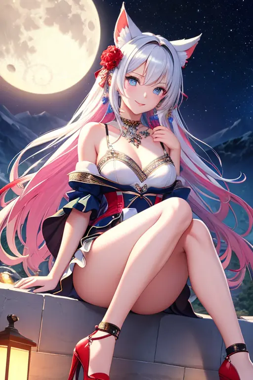 (masterpiece, best quality, extremely detailed CG, beautiful detailed eyes, ultra-detailed, intricate details:1.2), 8k wallpaper, elaborate features, (1girl, solo:1.4), (multicolored hair:1.2), long hair, streaked hair, halo, looking at viewer, animal ears, blue eyes,earring, white gloves, center frills, goddess,white dress pull, red kimono, silk, panties, ankle bracelets, choker, high heels, large breasts, light smile,+ +, sitting, night, moon,outdoors, cliff, mountainous horizon,