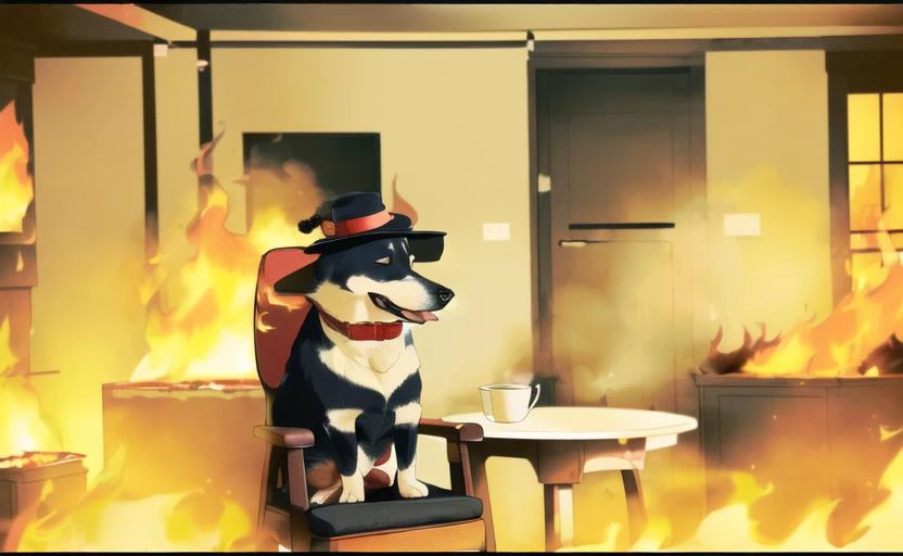(dog, hat, sitting, dog in a chair):2,
(cup, table, chair),
(picture frame, door),
(fire,
head is on fire,
Fire in the back,
room with a fire,
on fire, fire, burning,
Burnt walls,
Fire on the ground),
black clouds:1.5
(Smoke covered room, black smoke, Smoke on room ceiling)