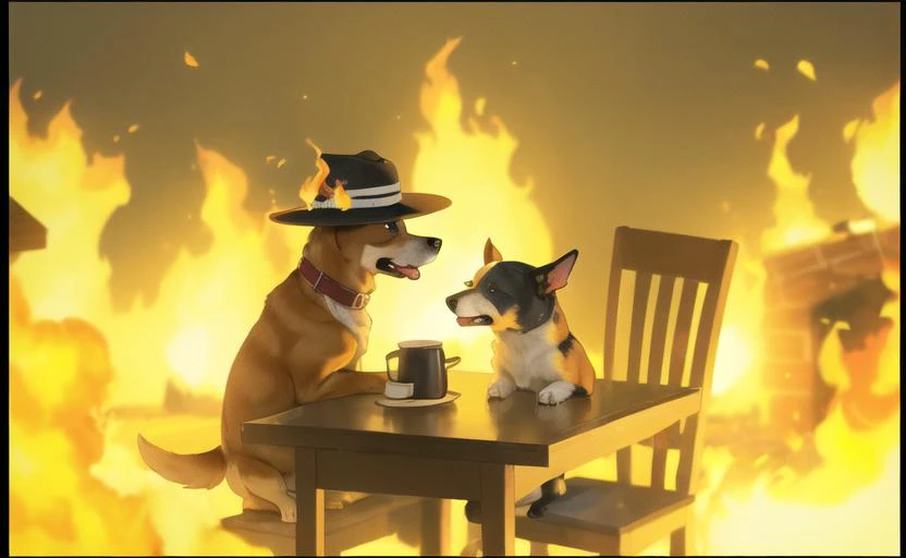 (dog, Stunned, hat, sitting, in a chair):2,
(table, chair),
(fire,
head is on fire,
Fire in the back,
room with a fire,
on fire, fire, burning,
Burnt walls,
Fire on the ground),
(product photography), photorealistic,
sharp focus:1.2, incredibly realistic, award winning