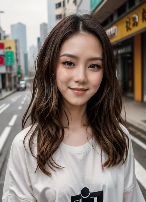 RAW Photo, DSLR, professional color graded, BREAK photograph of g3m-gl0ria-tang woman, smile, wearing oversized tshirt, cozy fashion, street of hong kong background, sharp focus, HDR, 8K resolution, intricate detail, sophisticated detail, depth of field, analogue RAW DSLR, photorealistic, looking at viewer, <lora:g3m-gl0ria-tang:0.55>, <lora:detailed_eye:0.8>,