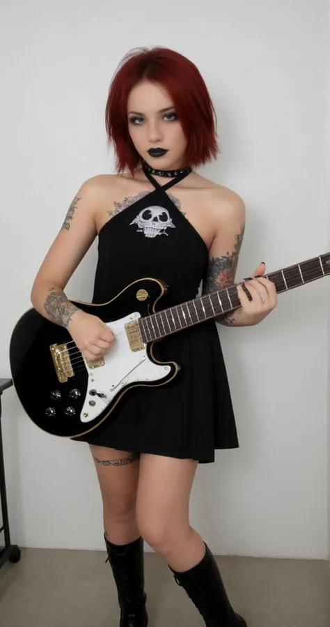 zPDXL,1girl,raw,photo,amateur,photoshoot,realistic,((__person/regular/haircolor__)) __person/regular/haircuts-female__ hair,goth,goth girl,extremely detailed,<lora:CrunchyBanana_PONY_013_shift_dress:0.7>,halterneck dress,short black dress,<lora:Makeup Slider_alpha1.0_rank4_noxattn_last:1.5>,black lipstick,<lora:electric_guitar___playing_instrument:1>,electric_guitar,playing_instrument,<lora:Body Tattoo Pony_alpha1.0_rank4_noxattn_last:1.1>,