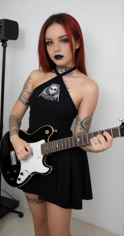 zPDXL,1girl,raw,photo,amateur,photoshoot,realistic,((__person/regular/haircolor__)) __person/regular/haircuts-female__ hair,goth,goth girl,extremely detailed,<lora:CrunchyBanana_PONY_013_shift_dress:0.7>,halterneck dress,short black dress,<lora:Makeup Slider_alpha1.0_rank4_noxattn_last:1.5>,black lipstick,<lora:electric_guitar___playing_instrument:1>,electric_guitar,playing_instrument,<lora:Body Tattoo Pony_alpha1.0_rank4_noxattn_last:1.5>,