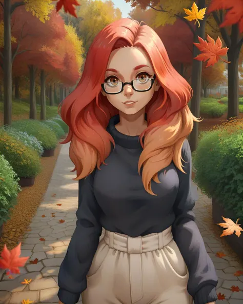 score_9, score_8_up, score_7_up, woman, standing, garden background, light red hair, ombre hair, glasses, autumn leaves <lora:GemuHentaiPony:1>