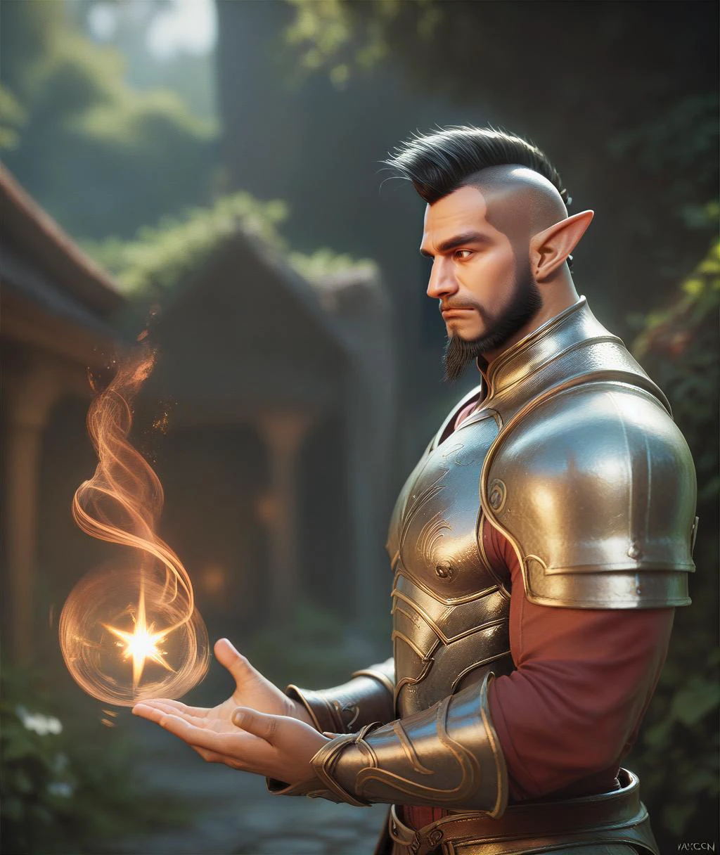 score_9, score_8_up, score_7_up, man wearing armor, mohawk, long beard, dark hair, wizard, holding magic, elf ears, fantasy background
