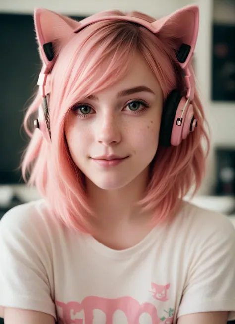 score_9,score_8_up, score_7_up, photograph of a cute gamer girl, pale skin, pink hair, medium hair, freckles, headphones, cat ears