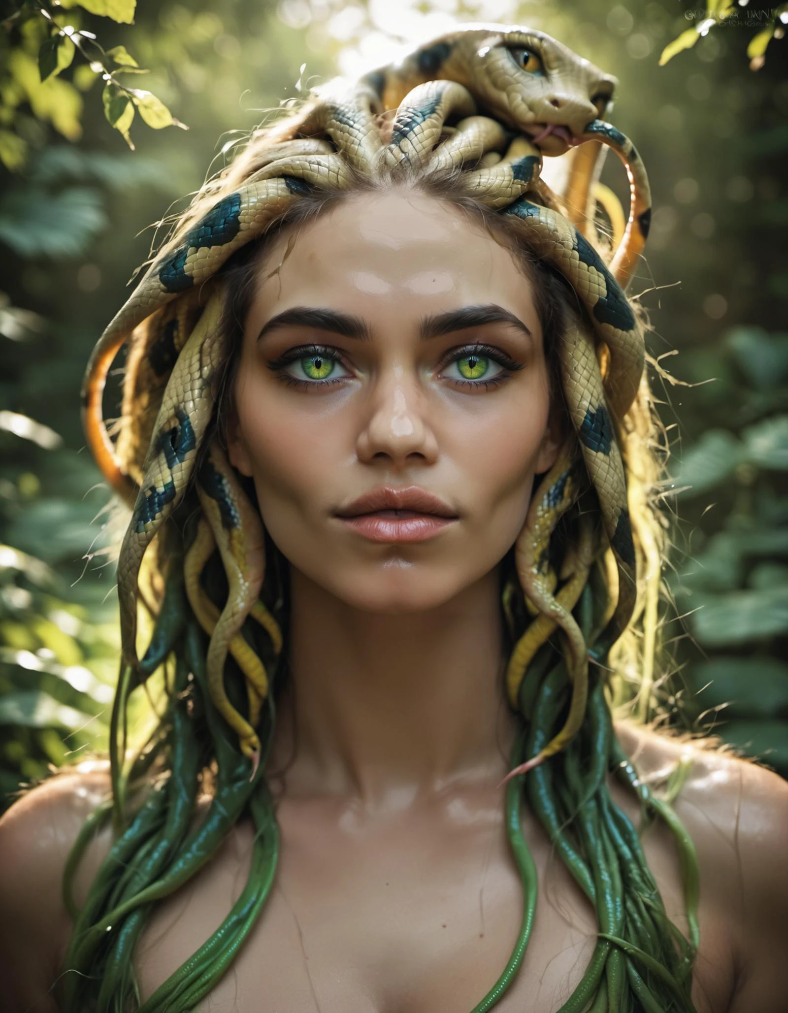 photorealistic realism style score_9, score_8_up, score_7_up, score_6_up, score_5_up, score_4_up, 1girl, Medusa gorgon, beautiful eyes, (snakes hair:1.3) high contrast, vivid lighting, jade green eyes, touching hair, portrait <lora:Concept Art DarkSide Style LoRA_Pony XL v6:0.4> <lora:MJ52:0.4>