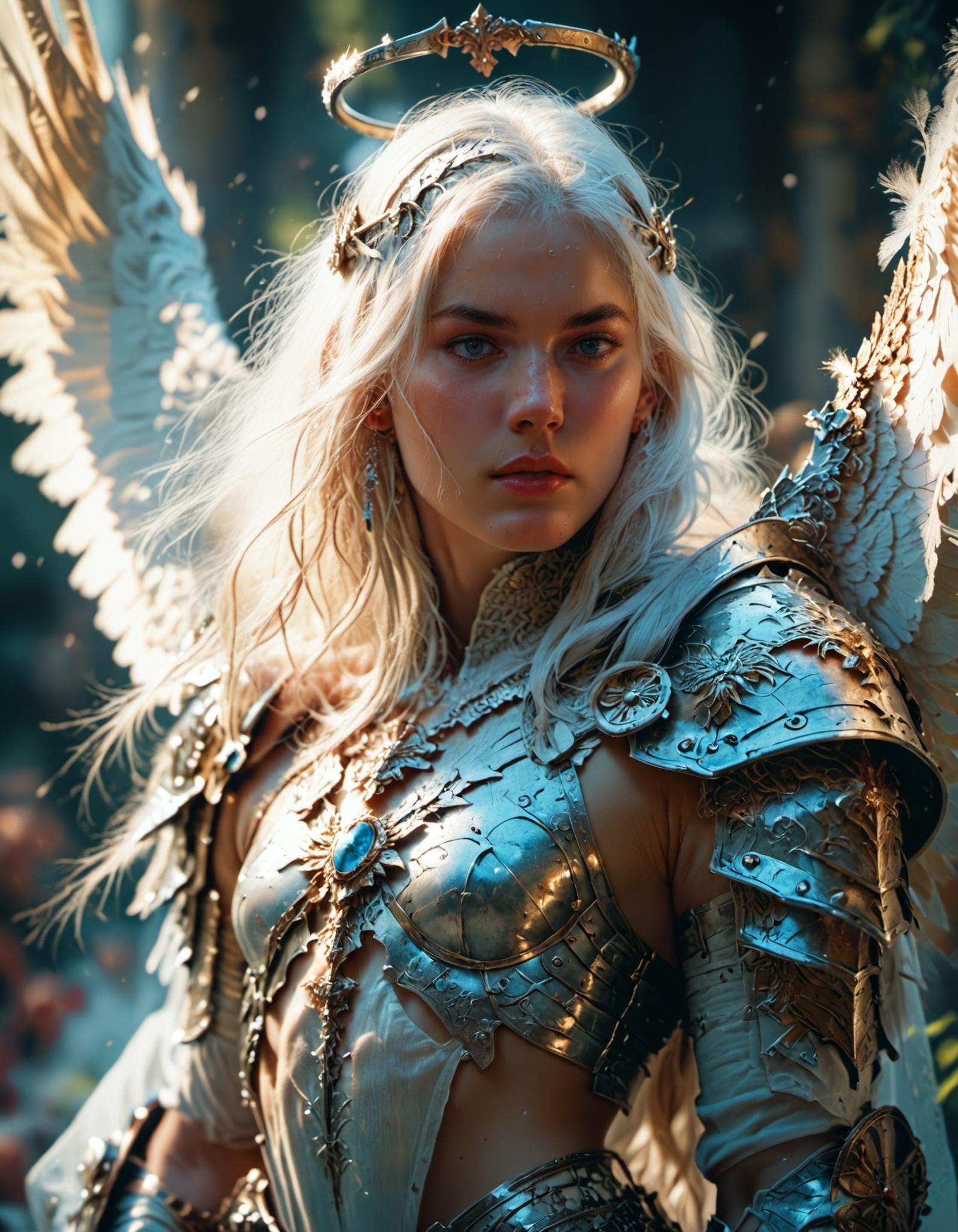 A woman in armor with wings and a crown on her head - SeaArt AI