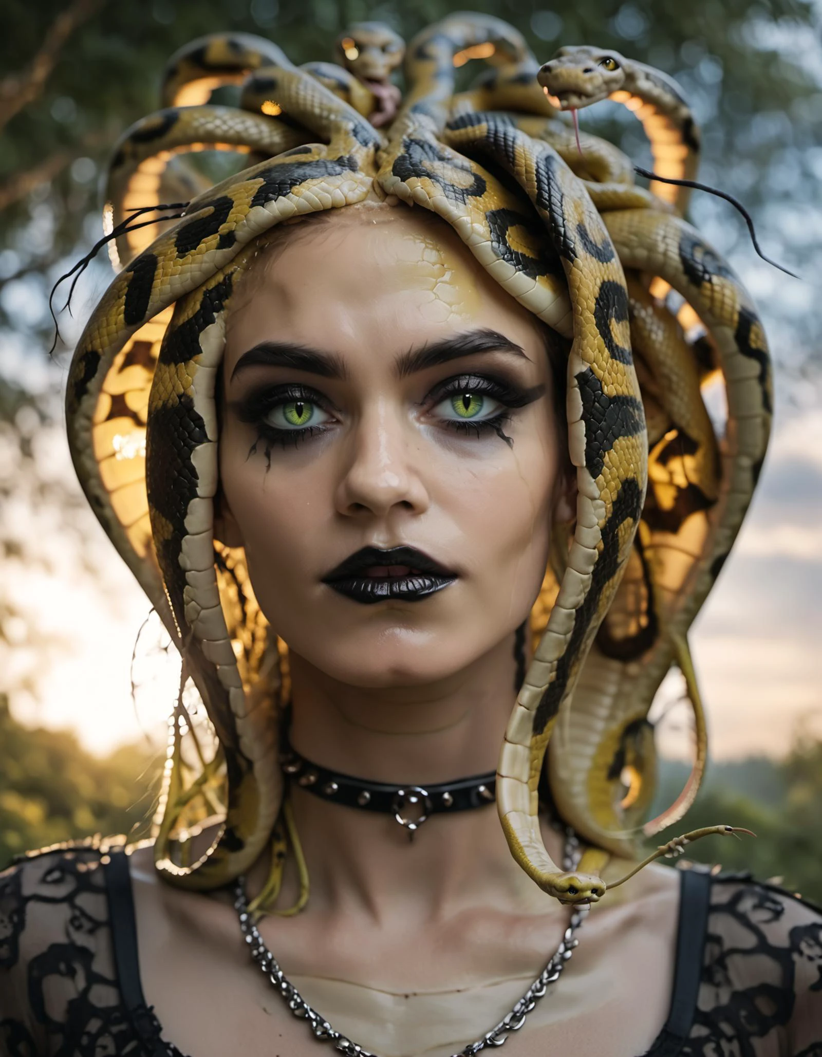 photorealistic realism style score_9, score_8_up, score_7_up, score_6_up, score_5_up, score_4_up, 1girl, Medusa gorgon, Goth girl, gothicstyle, playing with hair, goth makeup, beautiful eyes, (snakes hair:1.6) high contrast, vivid lighting, BREAK, jade green eyes, touching hair, portrait Cinematic photography, movie mood, cinematic light, compelling composition, storytelling elements, conveys emotion, mood, and narrative depth, creating visually striking images that feel like still frames from a film . lifelike, detailed, accurate, representational . highly detailed, lifelike, precise, accurate <lora:Concept Art DarkSide Style LoRA_Pony XL v6:0.4> <lora:MJ52:0.4>