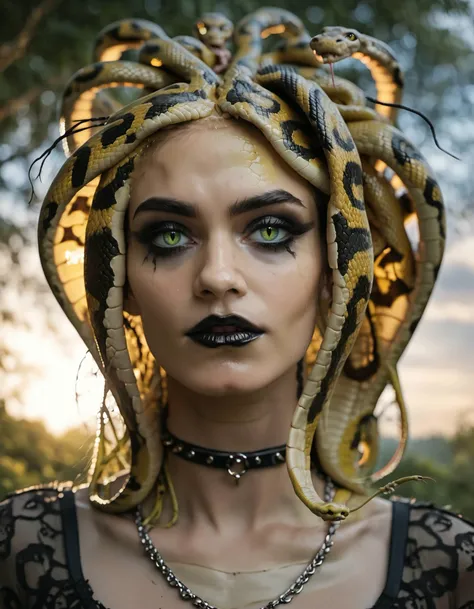 photorealistic realism style score_9, score_8_up, score_7_up, score_6_up, score_5_up, score_4_up, 1girl, Medusa gorgon, Goth girl, gothicstyle, playing with hair, goth makeup, beautiful eyes, (snakes hair:1.6) high contrast, vivid lighting, BREAK, jade green eyes, touching hair, portrait  Cinematic photography, movie mood, cinematic light, compelling composition, storytelling elements, conveys emotion, mood, and narrative depth, creating visually striking images that feel like still frames from a film . lifelike, detailed, accurate, representational . highly detailed, lifelike, precise, accurate <lora:Concept Art DarkSide Style LoRA_Pony XL v6:0.4> <lora:MJ52:0.4>