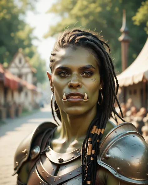 score_9, score_8_up, score_7_up, portrait of orc woman, cultural portrait, natural lighting, brown eyes, warrior, (dreadlocks:0.7), armor, tusks, village background, realistic