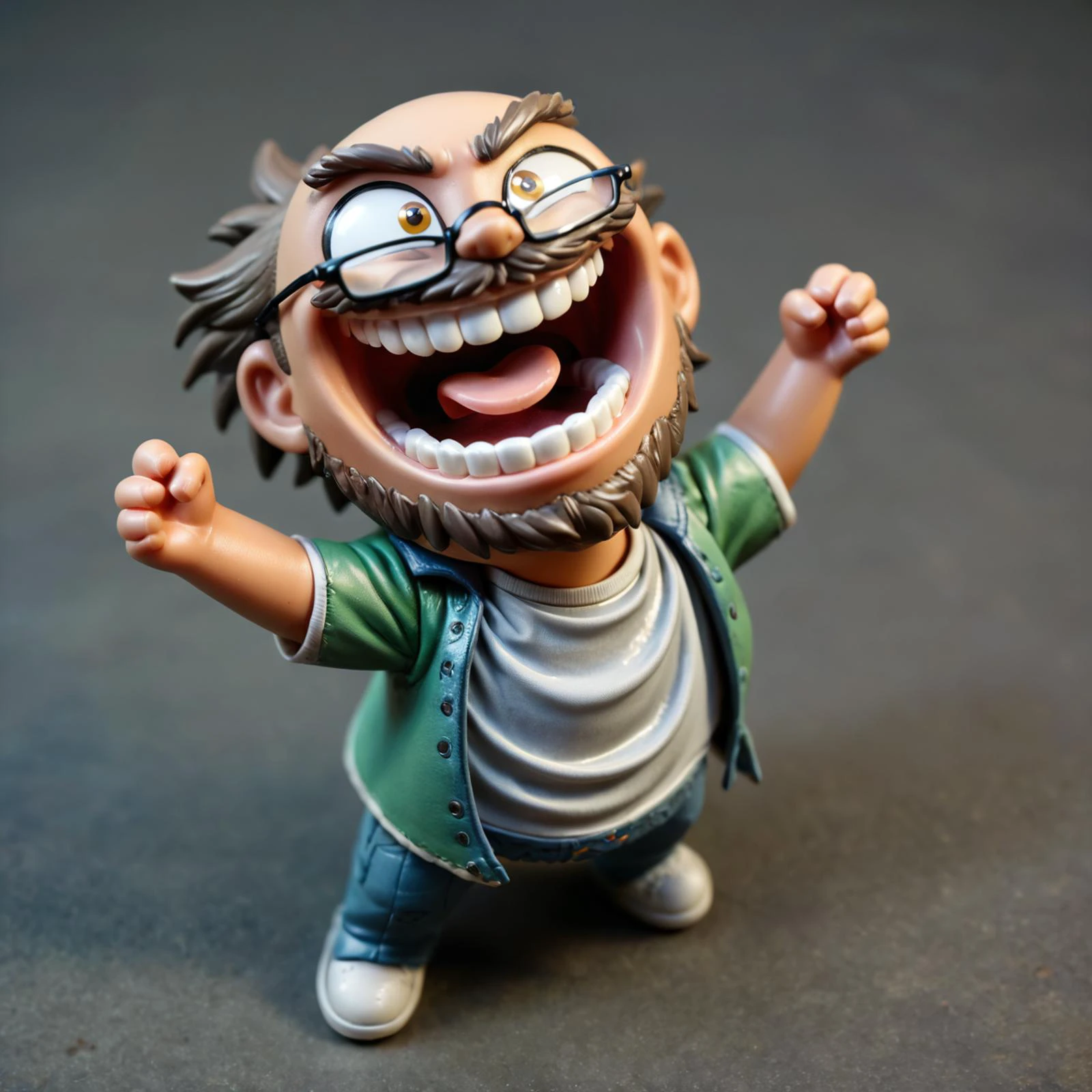 score_9, score_8_up, score_7_up, score_6_up, , Real_photo_of_a_Sculpture, highly detailed 3d sculpture, colorful figurine, shot with macro lens, soft lights, BREAK,
figurine of a laughing bald man, Bald, 30 year old, brown_beard,mustache, Glasses, Closed hands, crazy eyes, happy, brown eyes, big teeth, big mouth, 1 Mexican toy man, designer clothes, BREAK,
shot from above, Weathered plastics skin, high detail plastic skin, cloth clothes, dirty clothes, <lora:detailed_notrigger:1>