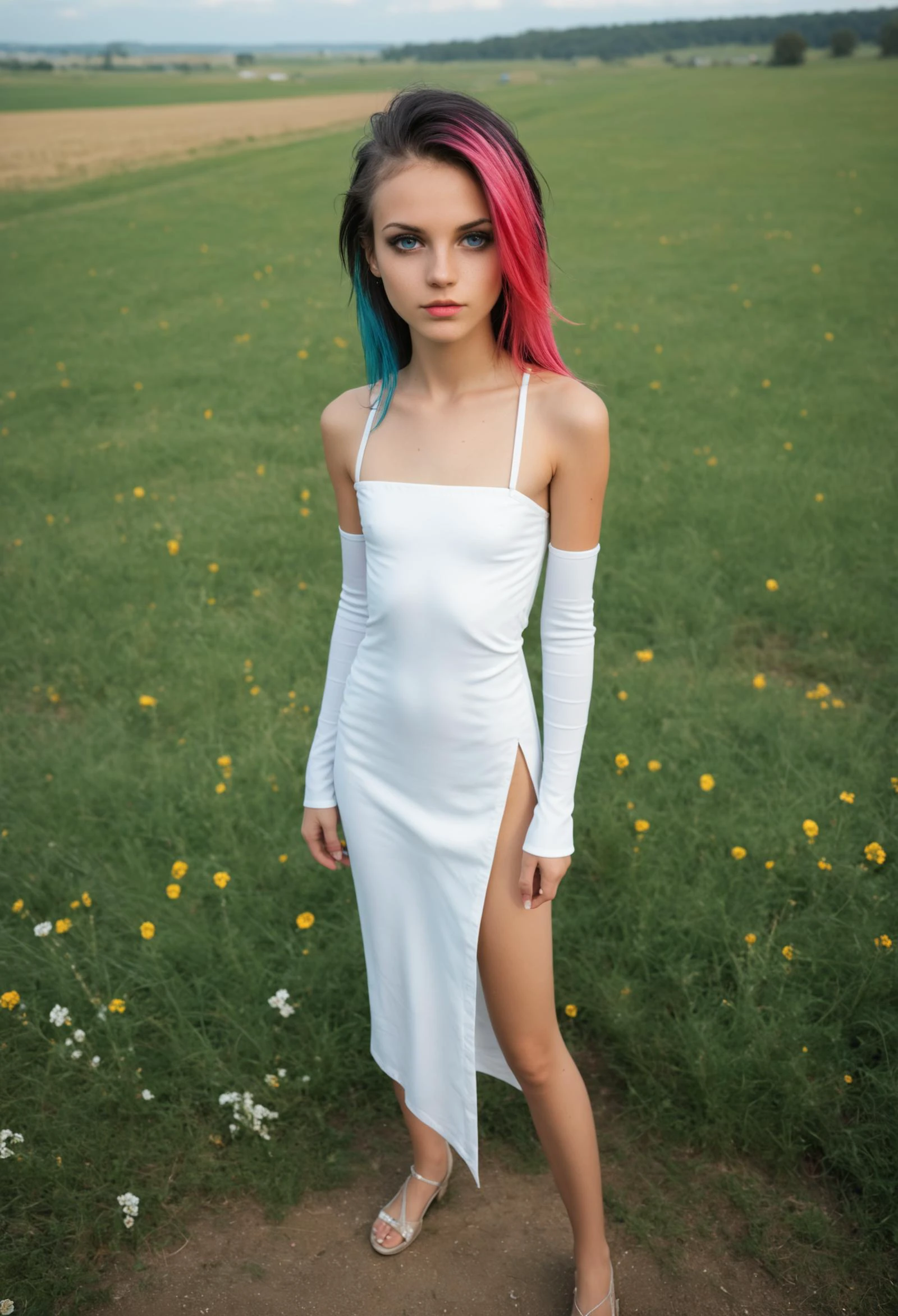 zPDXL2, (from above:0.7), (back focus:0.9), depth of field, highly detailed, professional photo, 8K,
beautiful scenery, field, small breasts, female , skinny, long hair, layered hair[::1], style-bridal, cameltoe, side slit, detached sleeves[::1], standing, americanpunk, Style-Petal, best quality, sidelighting
<lora:add-detail-xl:1.3>