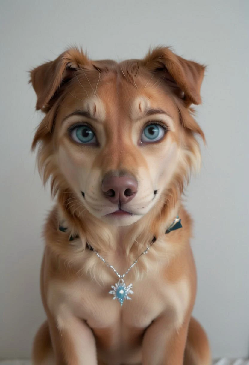 score_9, score_8_up, score_7_up, score_6_up, Real live image. Hyper realistic CFMN detailed scene. Anna from frozen with her dog.