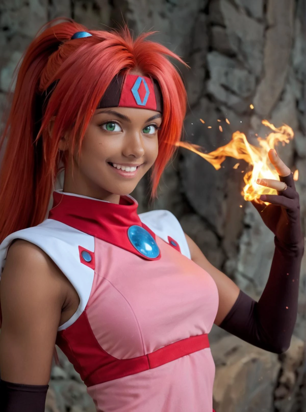 score_9, score_8_up, score_7_up, score_6_up, score_5_up, score_4_up, best quality, 1girl, dark skinned girl, solo, red hair, Ponytail, anime hair, headband with a blue stone in the middle, green eyes, <lora:Shayla_El_Hazard:0.71> fire effects, smile,red and pink outfit, elbow gloves,