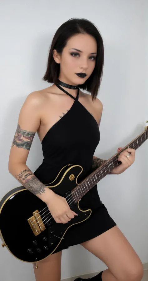 zPDXL,1girl,raw,photo,amateur,photoshoot,realistic,((__person/regular/haircolor__)) __person/regular/haircuts-female__ hair,goth,goth girl,extremely detailed,<lora:CrunchyBanana_PONY_013_shift_dress:0.7>,halterneck dress,short black dress,<lora:Makeup Slider_alpha1.0_rank4_noxattn_last:1.5>,black lipstick,<lora:electric_guitar___playing_instrument:1>,electric_guitar,playing_instrument,<lora:Body Tattoo Pony_alpha1.0_rank4_noxattn_last:1.1>,