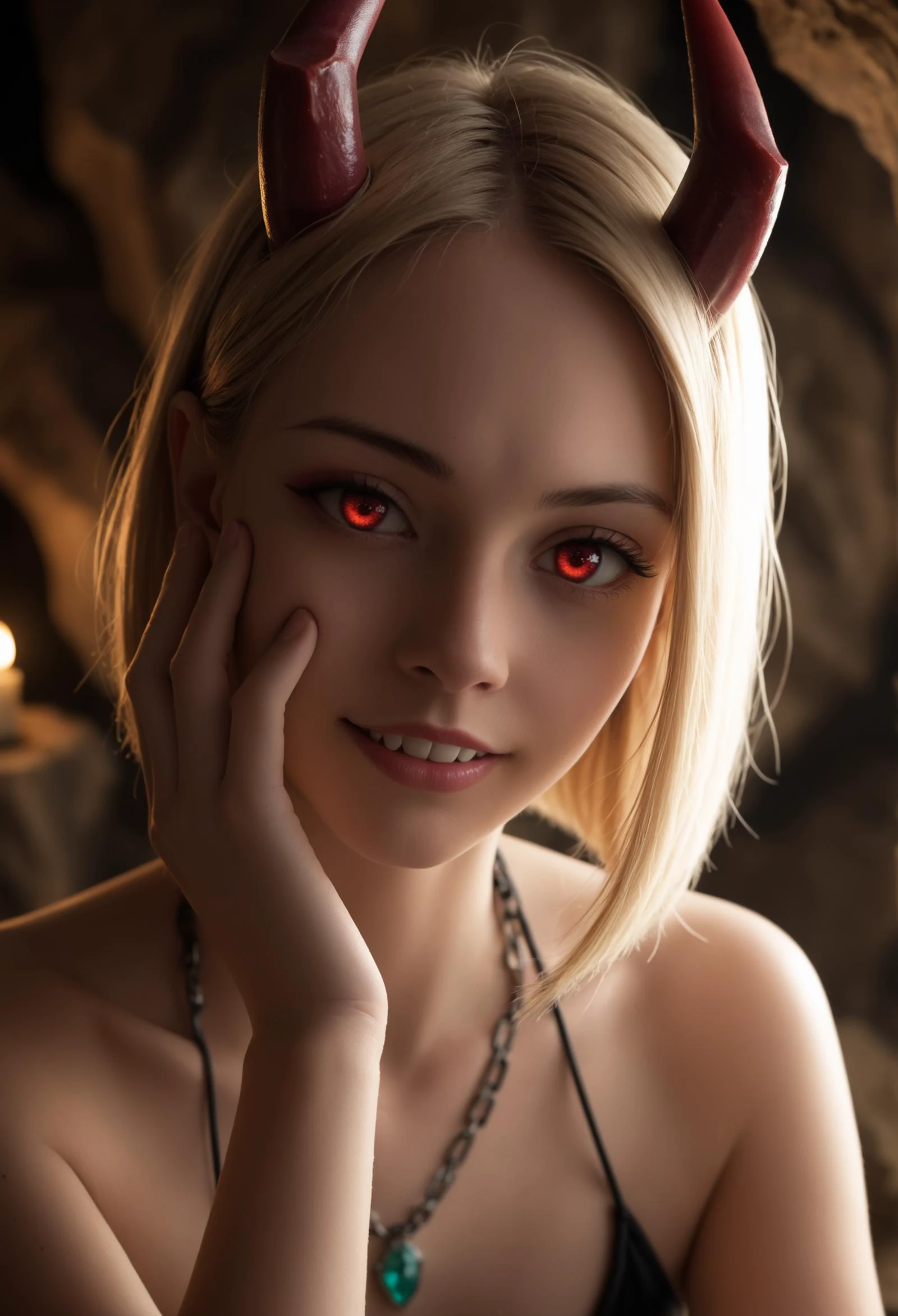 zPDXL2, (from below:0.7), (eye focus:0.9), depth of field, highly detailed, professional photo, 8K, (backlighting:1.1),
(close portrait:1.1), solo, oni, (blonde bob cut:1.1), red eyes, (skin details:1.1), (oni horns:1.1), small breasts, sharp teeth,
looking at viewer, (sexy smile:0.7), hand on own face,
chain bikini, gem,
(ominous night mystery cave with dark shadows:1.1), (dark theme:1.3), dim lighting, (crystal:1.3),
<lora:add-detail-xl:1.3> <lora:oni_girl_pony:0.9>