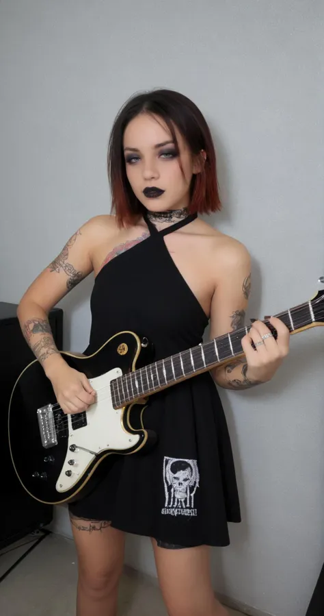 zPDXL,1girl,raw,photo,amateur,photoshoot,realistic,((__person/regular/haircolor__)) __person/regular/haircuts-female__ hair,goth,goth girl,extremely detailed,<lora:CrunchyBanana_PONY_013_shift_dress:0.7>,halterneck dress,short black dress,<lora:Makeup Slider_alpha1.0_rank4_noxattn_last:1.5>,black lipstick,<lora:electric_guitar___playing_instrument:1>,electric_guitar,playing_instrument,<lora:Body Tattoo Pony_alpha1.0_rank4_noxattn_last:1.1>,