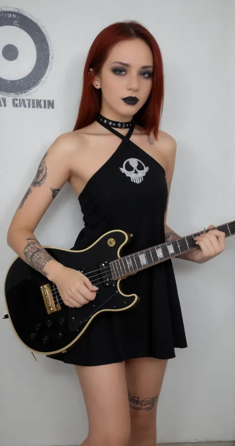 zPDXL,1girl,raw,photo,amateur,photoshoot,realistic,((__person/regular/haircolor__)) __person/regular/haircuts-female__ hair,goth,goth girl,extremely detailed,<lora:CrunchyBanana_PONY_013_shift_dress:0.7>,halterneck dress,short black dress,<lora:Makeup Slider_alpha1.0_rank4_noxattn_last:1.5>,black lipstick,<lora:electric_guitar___playing_instrument:1>,electric_guitar,playing_instrument,<lora:Body Tattoo Pony_alpha1.0_rank4_noxattn_last:1>,