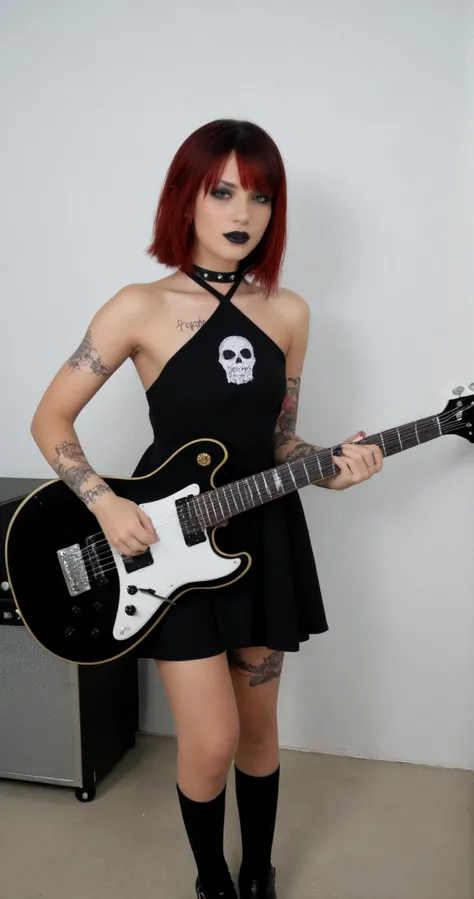 zPDXL,1girl,raw,photo,amateur,photoshoot,realistic,((__person/regular/haircolor__)) __person/regular/haircuts-female__ hair,goth,goth girl,extremely detailed,<lora:CrunchyBanana_PONY_013_shift_dress:0.7>,halterneck dress,short black dress,<lora:Makeup Slider_alpha1.0_rank4_noxattn_last:1.5>,black lipstick,<lora:electric_guitar___playing_instrument:1>,electric_guitar,playing_instrument,<lora:Body Tattoo Pony_alpha1.0_rank4_noxattn_last:1>,