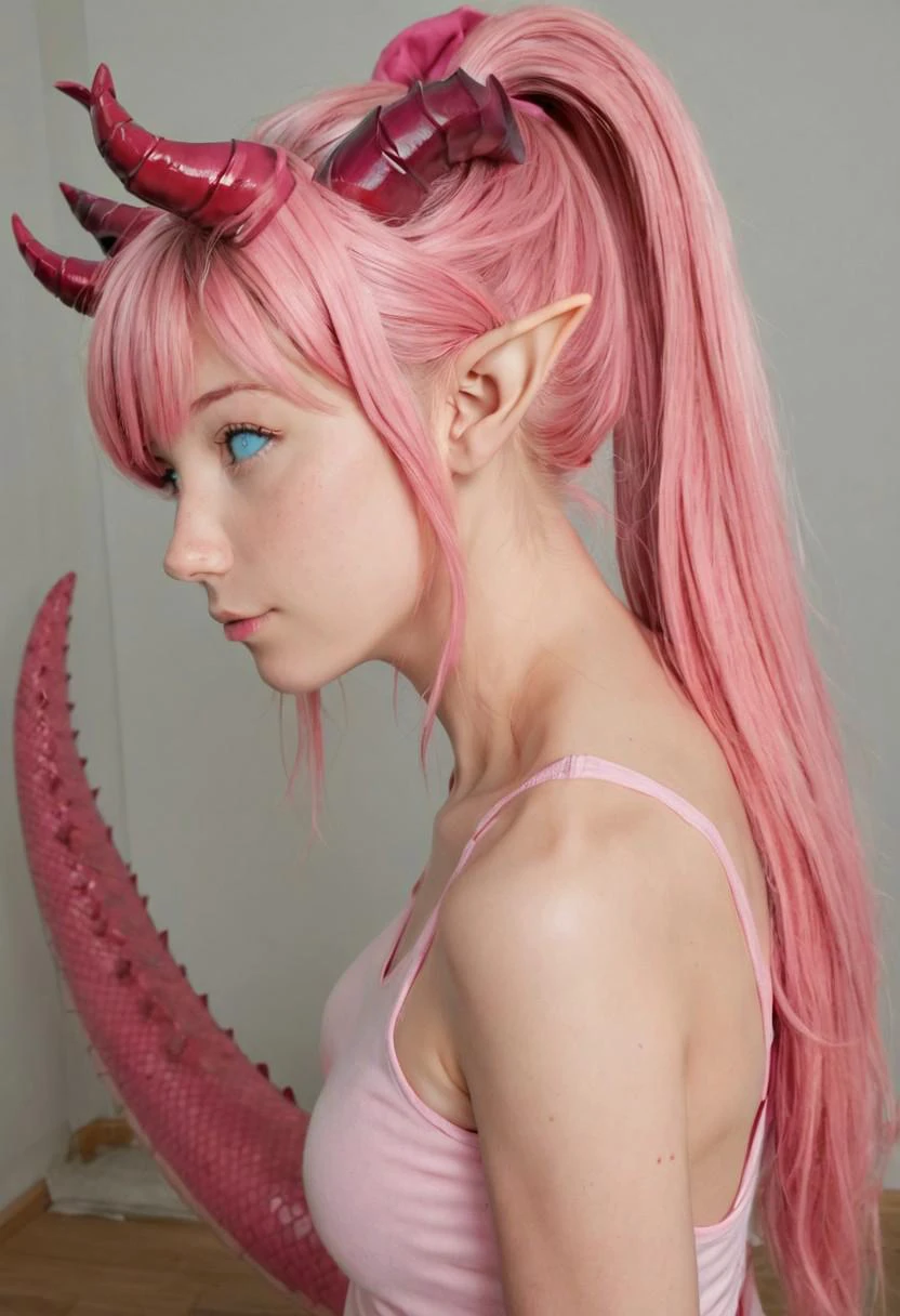 <lora:Lynn_Pink:1>1 girl, dragon girl, long pink hair, ponytail, blue eyes, horns, dragon tail, pointy ears