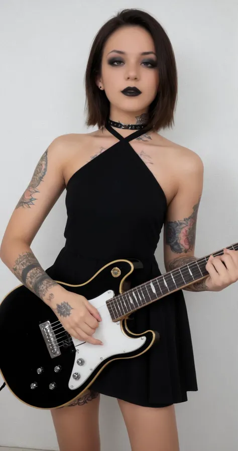 zPDXL,1girl,raw,photo,amateur,photoshoot,realistic,((__person/regular/haircolor__)) __person/regular/haircuts-female__ hair,goth,goth girl,extremely detailed,<lora:CrunchyBanana_PONY_013_shift_dress:0.7>,halterneck dress,short black dress,<lora:Makeup Slider_alpha1.0_rank4_noxattn_last:1.5>,black lipstick,<lora:electric_guitar___playing_instrument:1>,electric_guitar,playing_instrument,<lora:Body Tattoo Pony_alpha1.0_rank4_noxattn_last:1.2>,